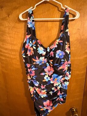 Floral Ruched One-Piece Swimsuit - Black with Multicolor Flowers